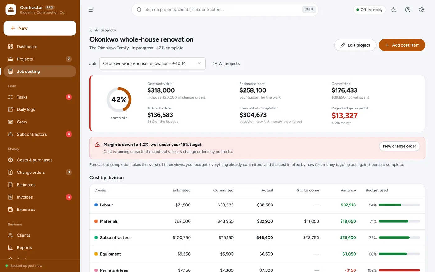 Job costing screen in General Contractor Manager