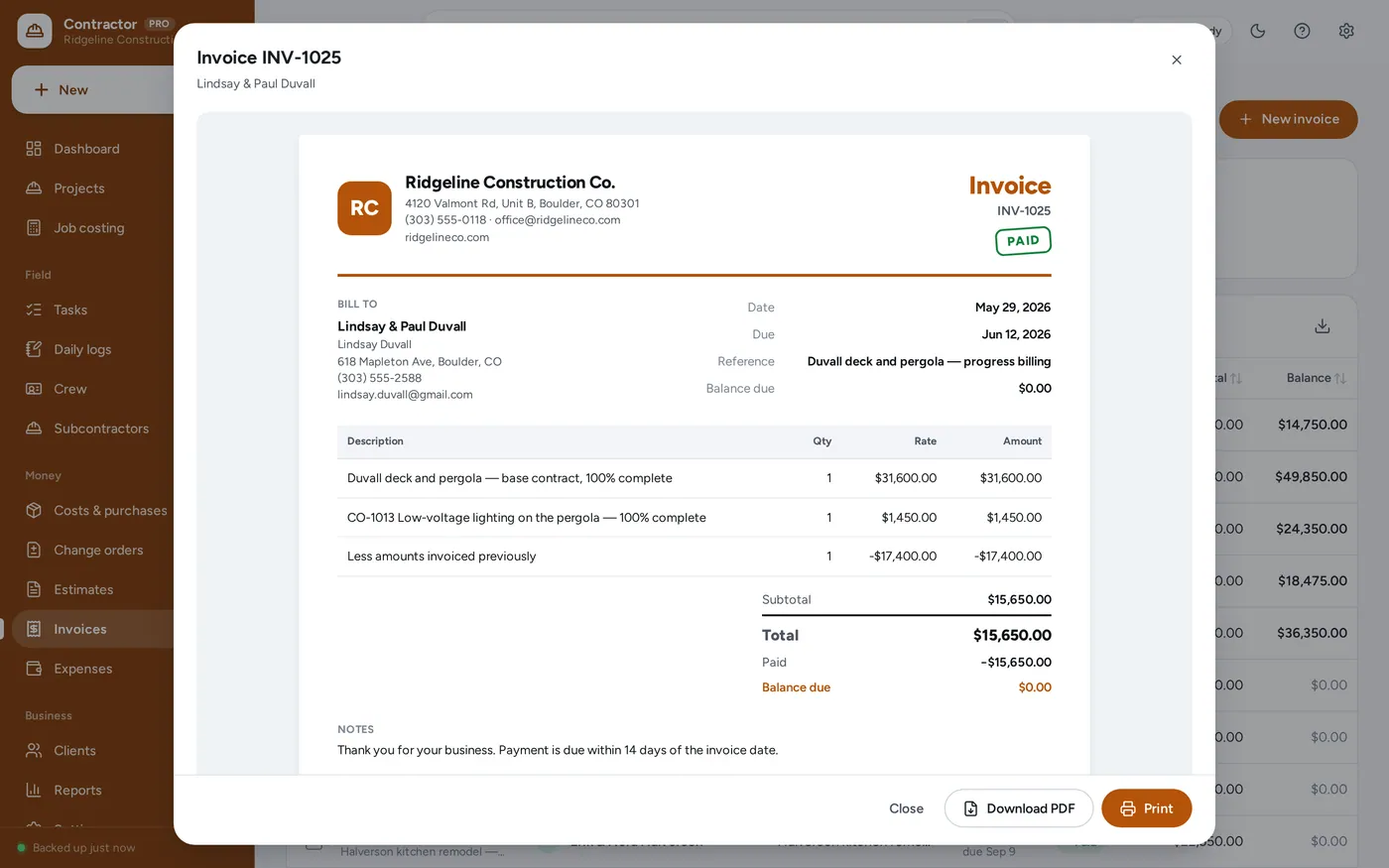 Estimates & invoices screen in General Contractor Manager
