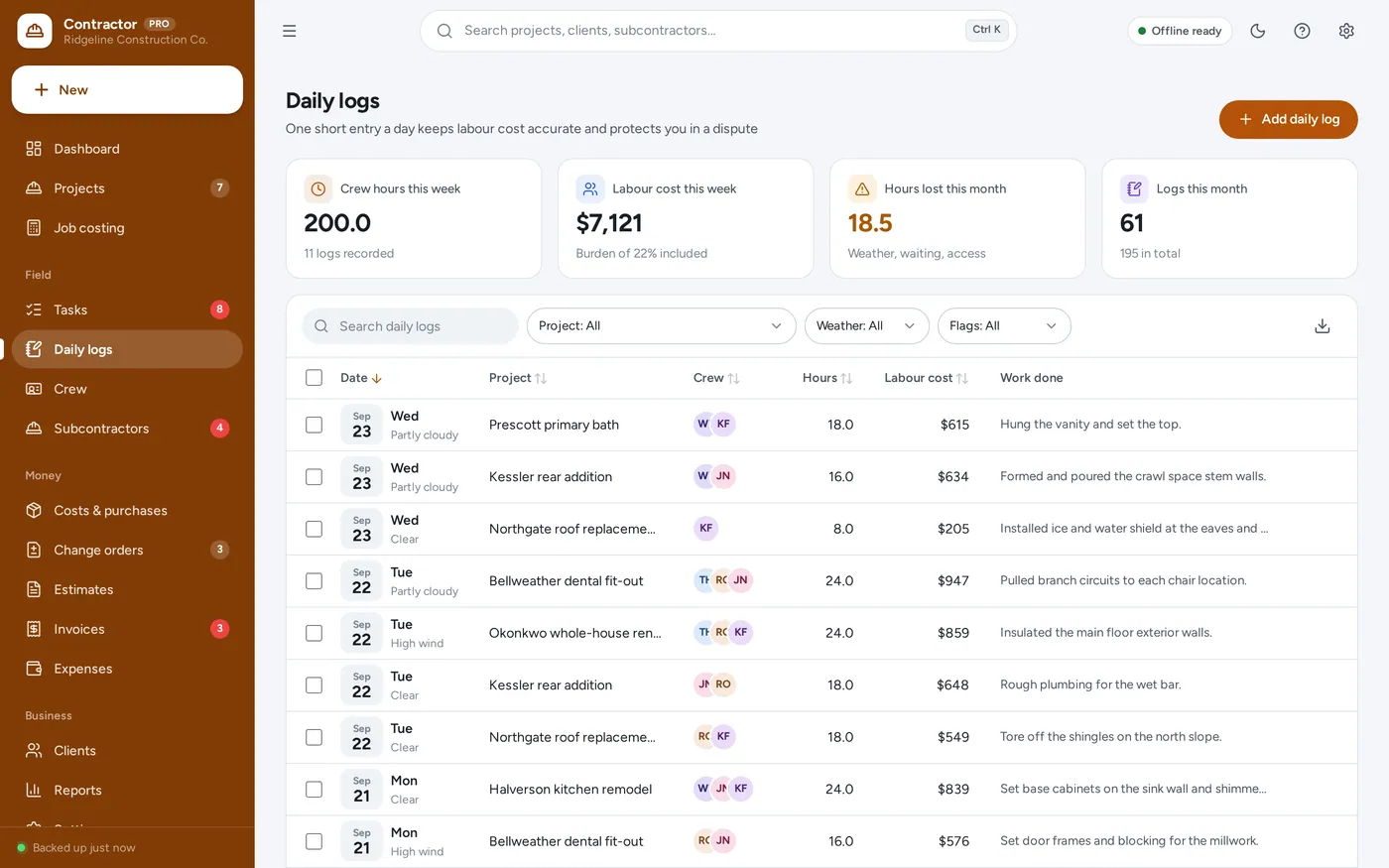 Daily logs screen in General Contractor Manager