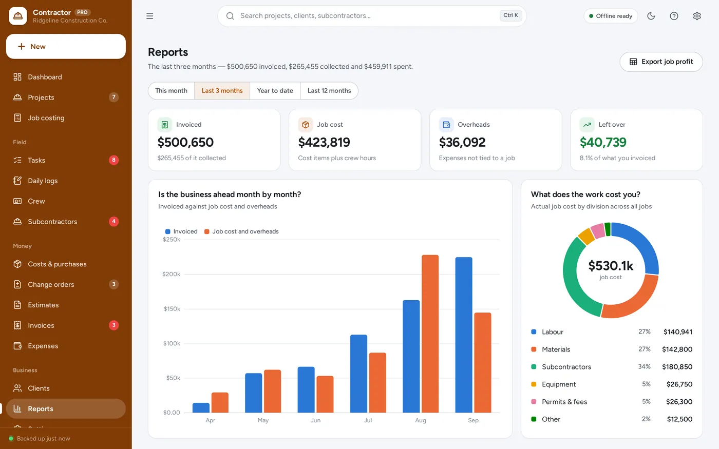 Reports screen in General Contractor Manager