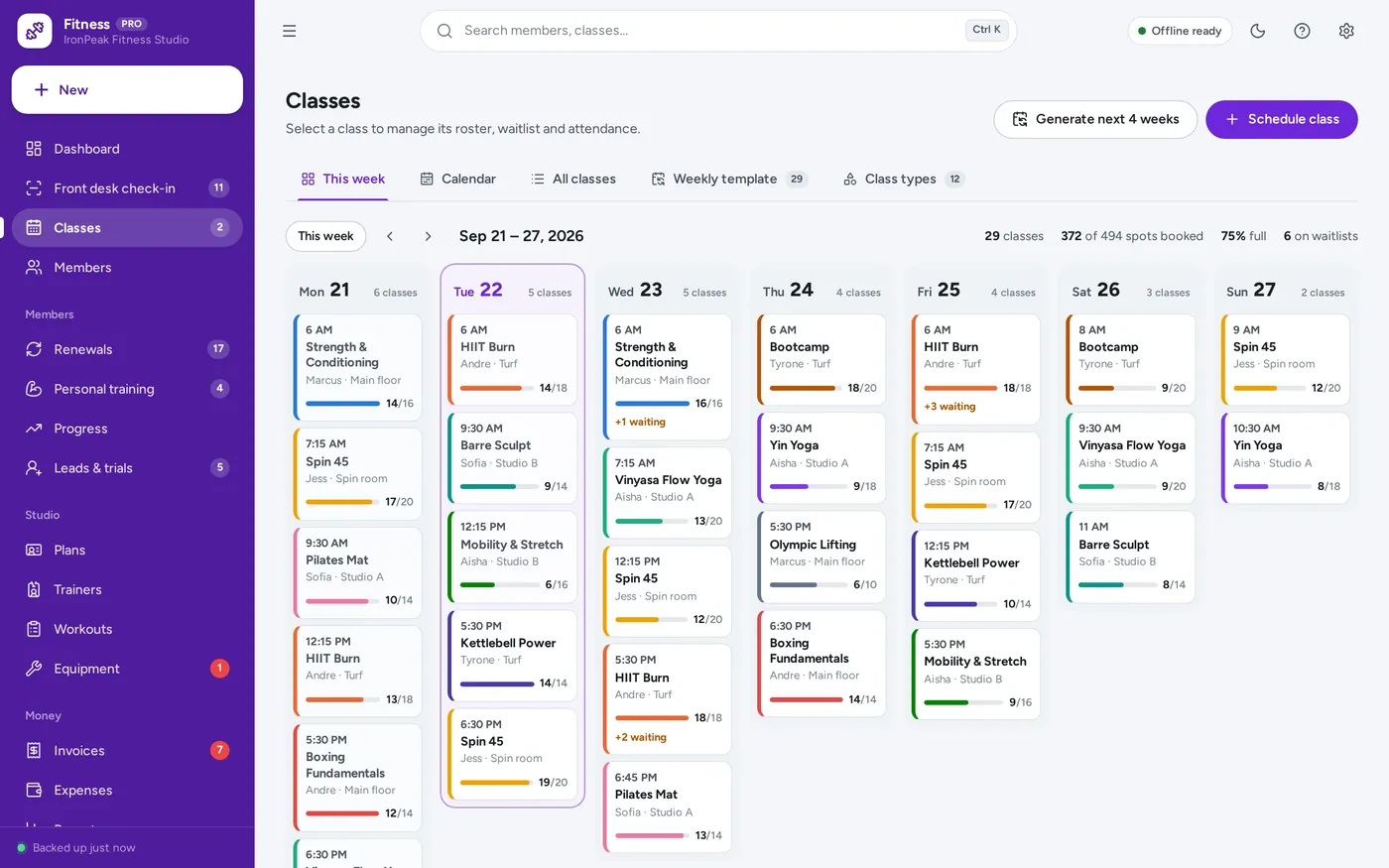 Classes screen in Gym & Fitness Studio Manager