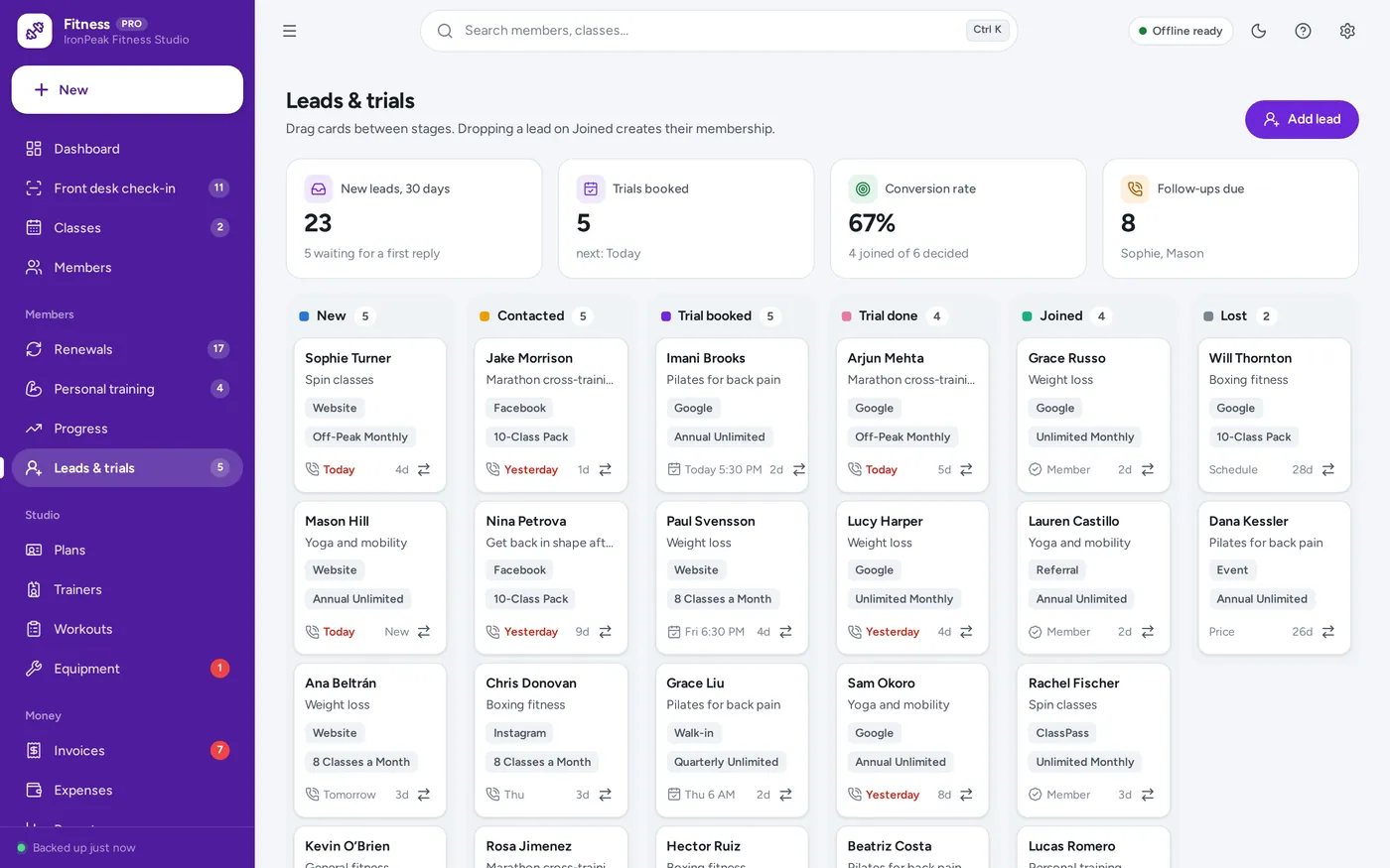 Leads & trials screen in Gym & Fitness Studio Manager
