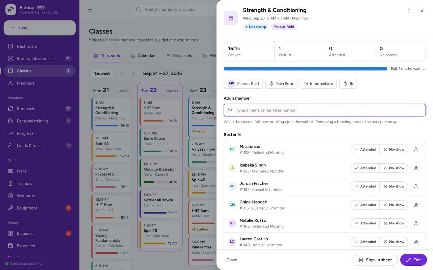 Rosters & waitlists screen in Gym & Fitness Studio Manager