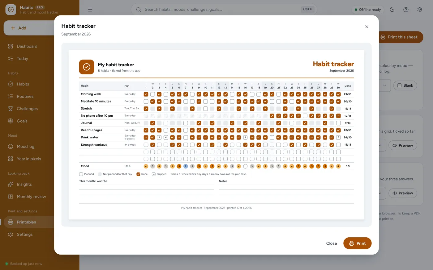 Printable habit tracker screen in Habit & Mood Tracker
