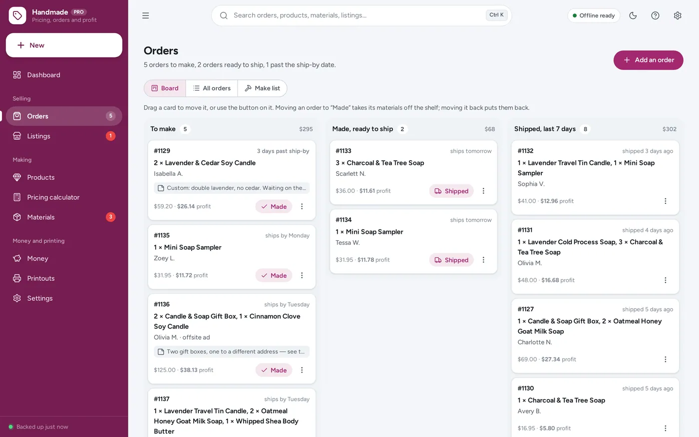 Order tracker screen in Handmade Seller Planner