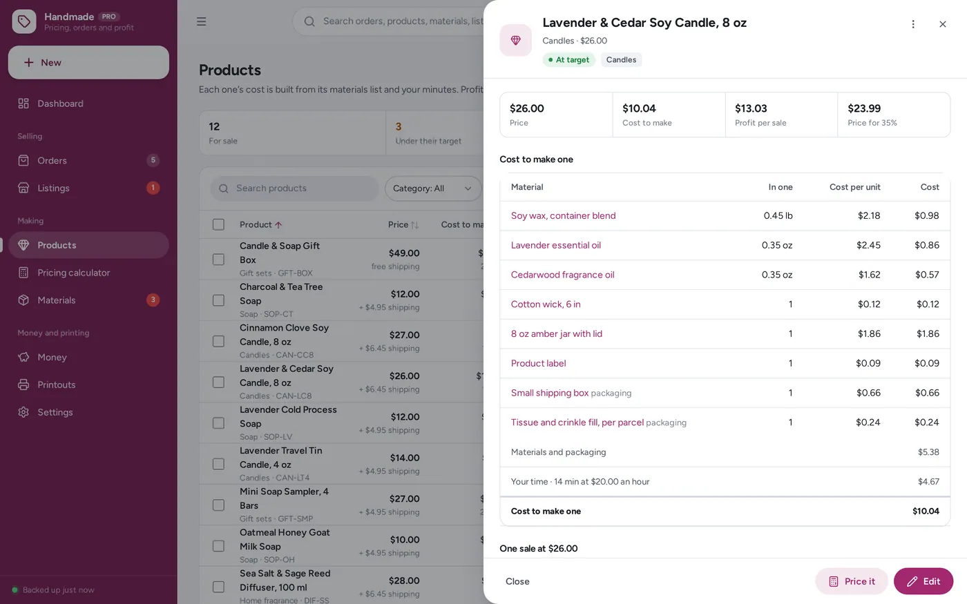 Cost of goods calculator screen in Handmade Seller Planner