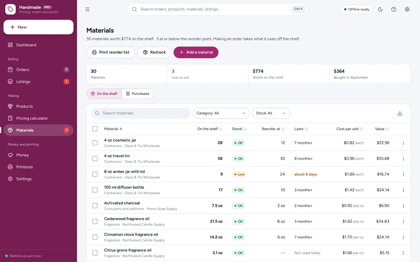 Craft supply inventory screen in Handmade Seller Planner