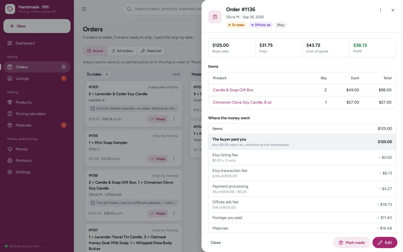 Fee & profit tracker screen in Handmade Seller Planner