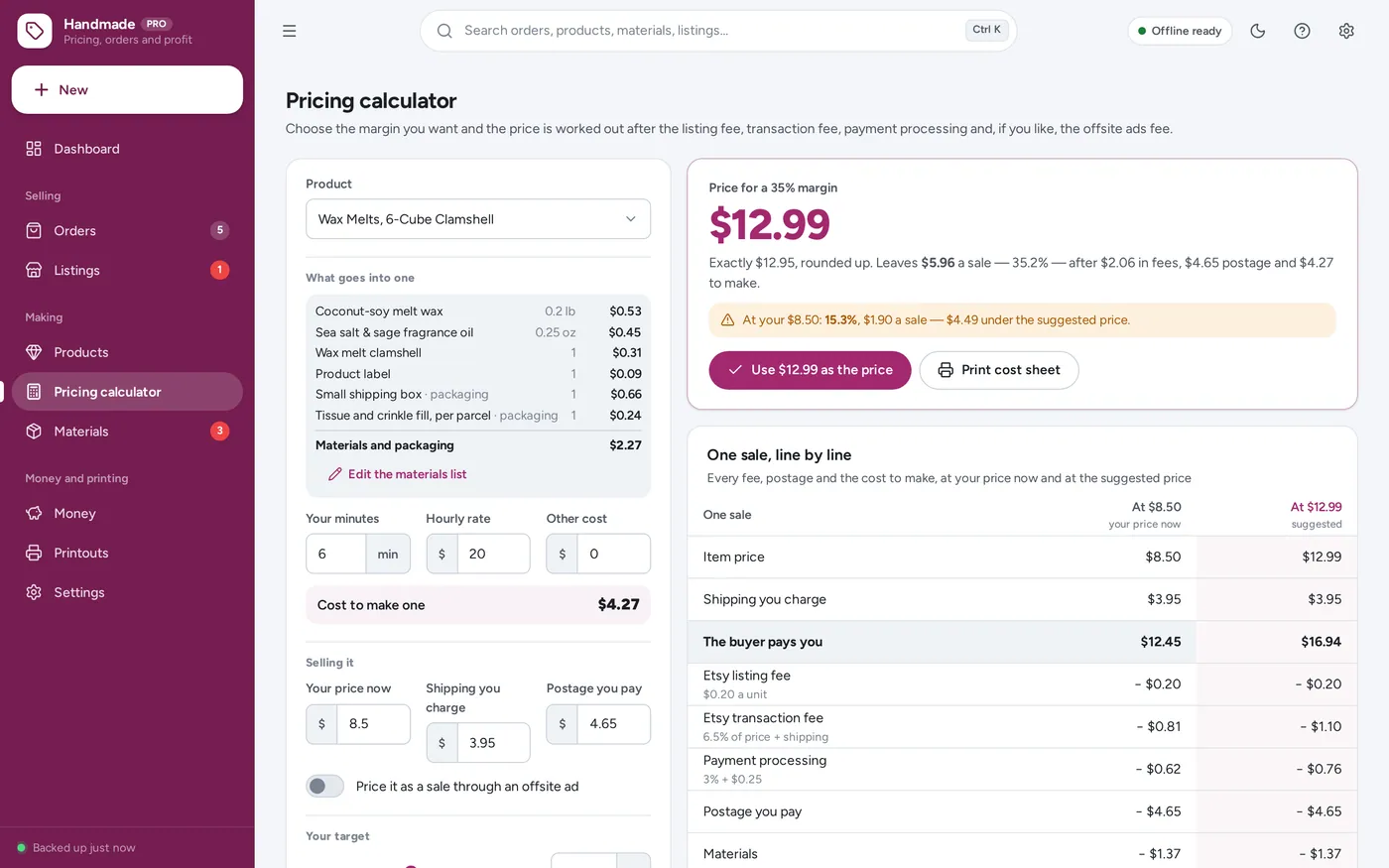 Pricing calculator screen in Handmade Seller Planner