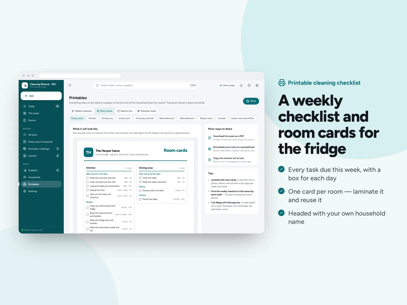 A weekly checklist and room cards for the fridge
