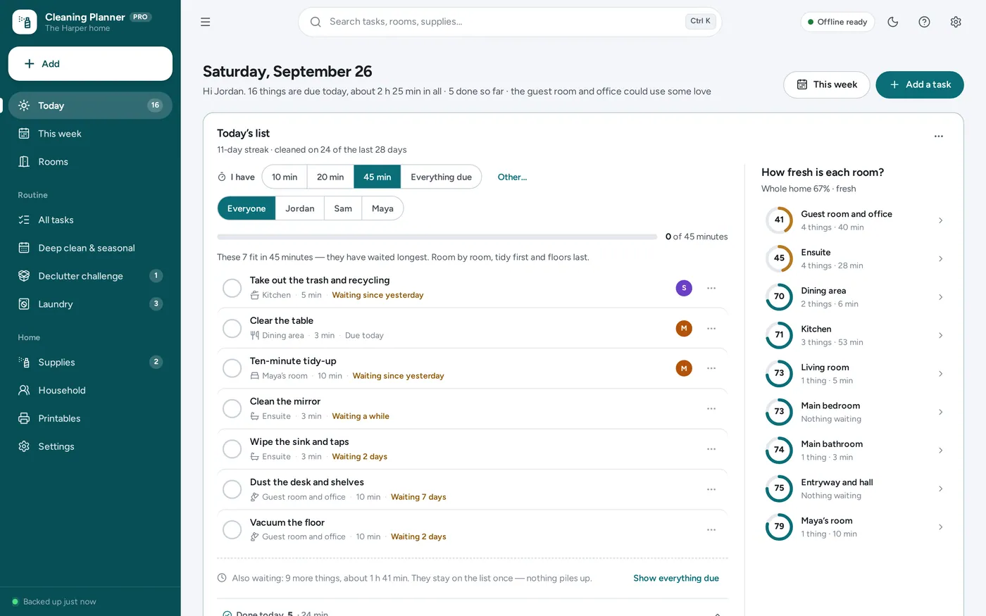 Time budget screen in Home Cleaning Planner