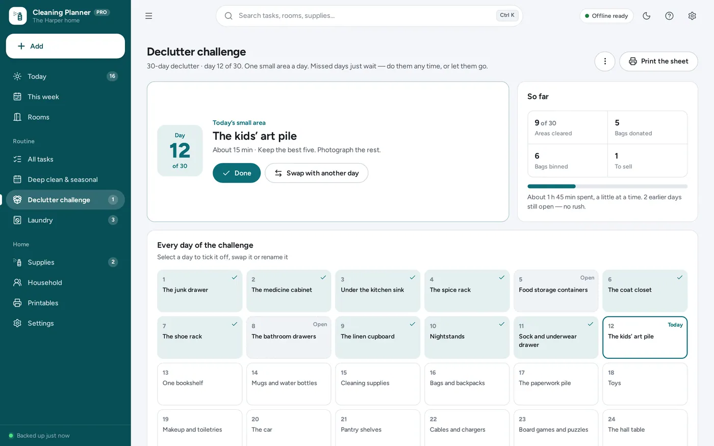 Declutter challenge screen in Home Cleaning Planner