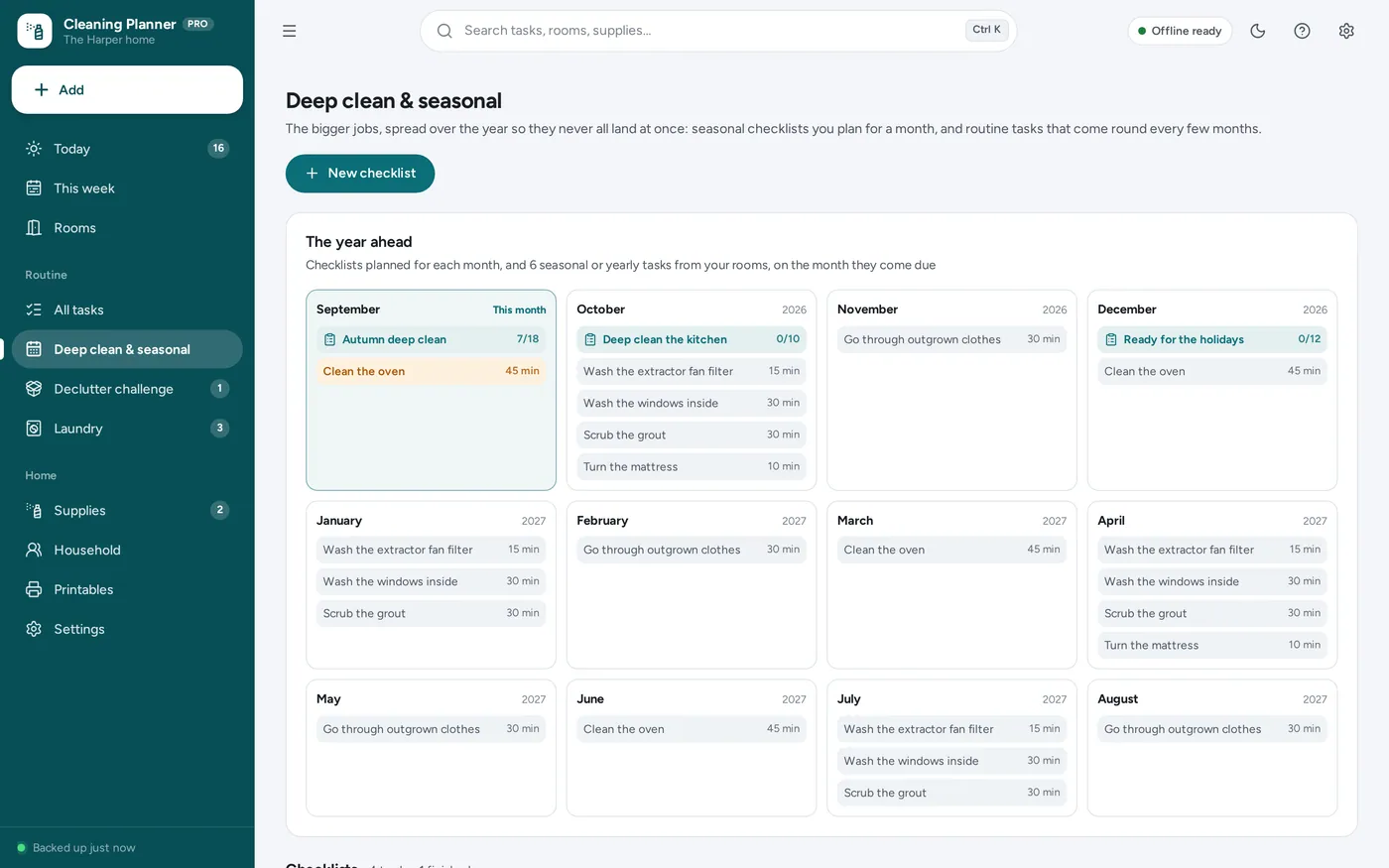 Deep cleaning checklist screen in Home Cleaning Planner