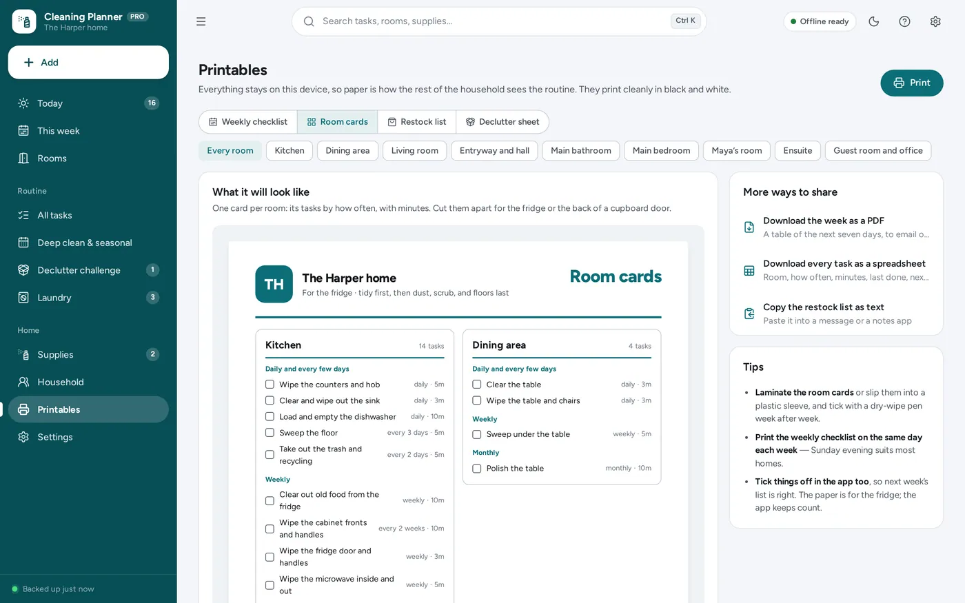 Printable cleaning checklist screen in Home Cleaning Planner