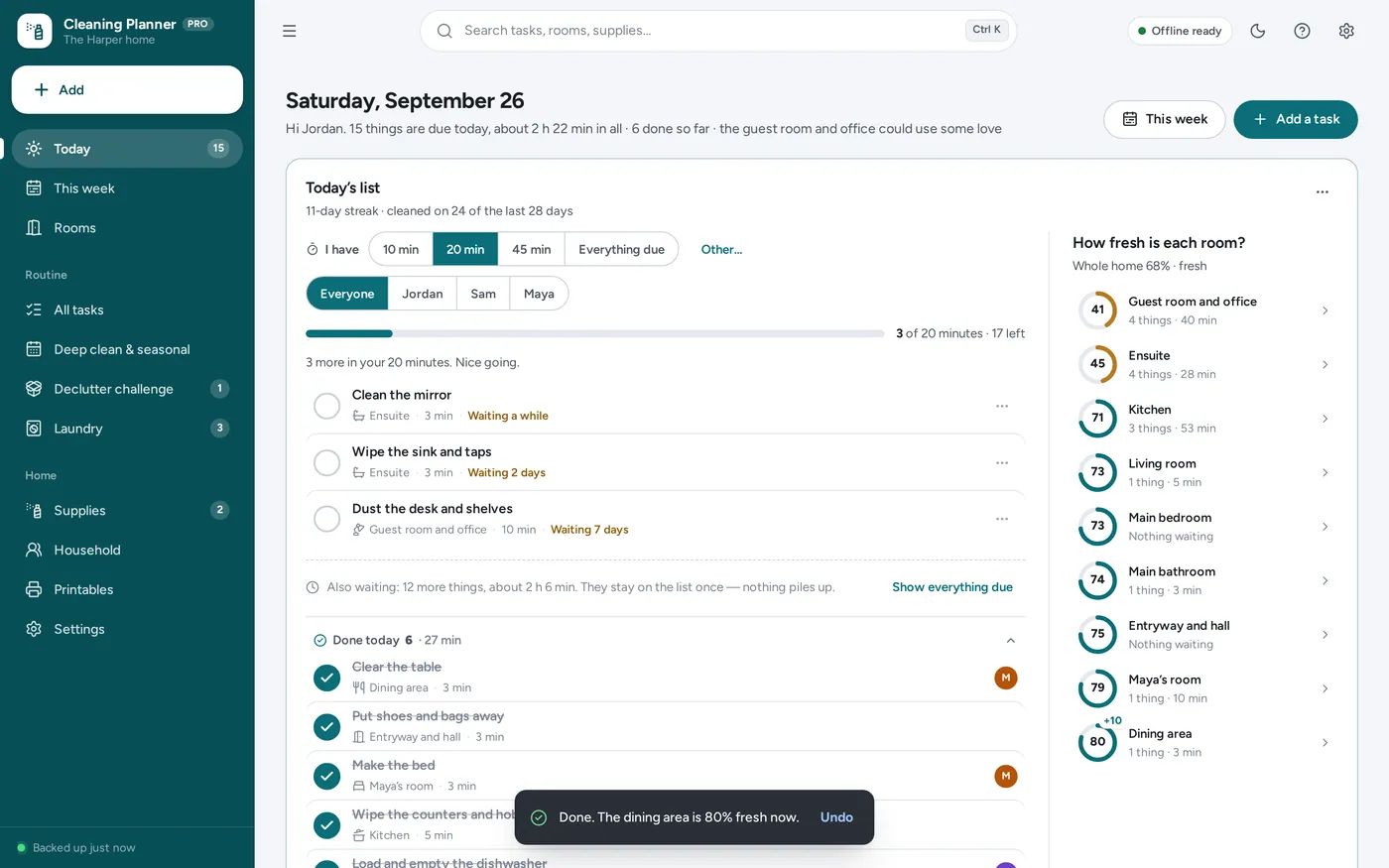 ADHD-friendly cleaning schedule screen in Home Cleaning Planner