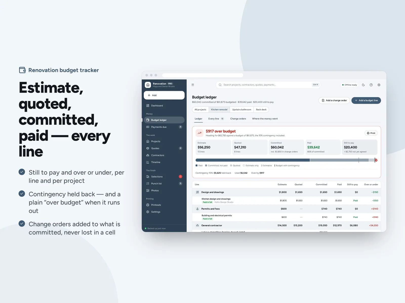 Estimate, quoted, committed, paid — every line