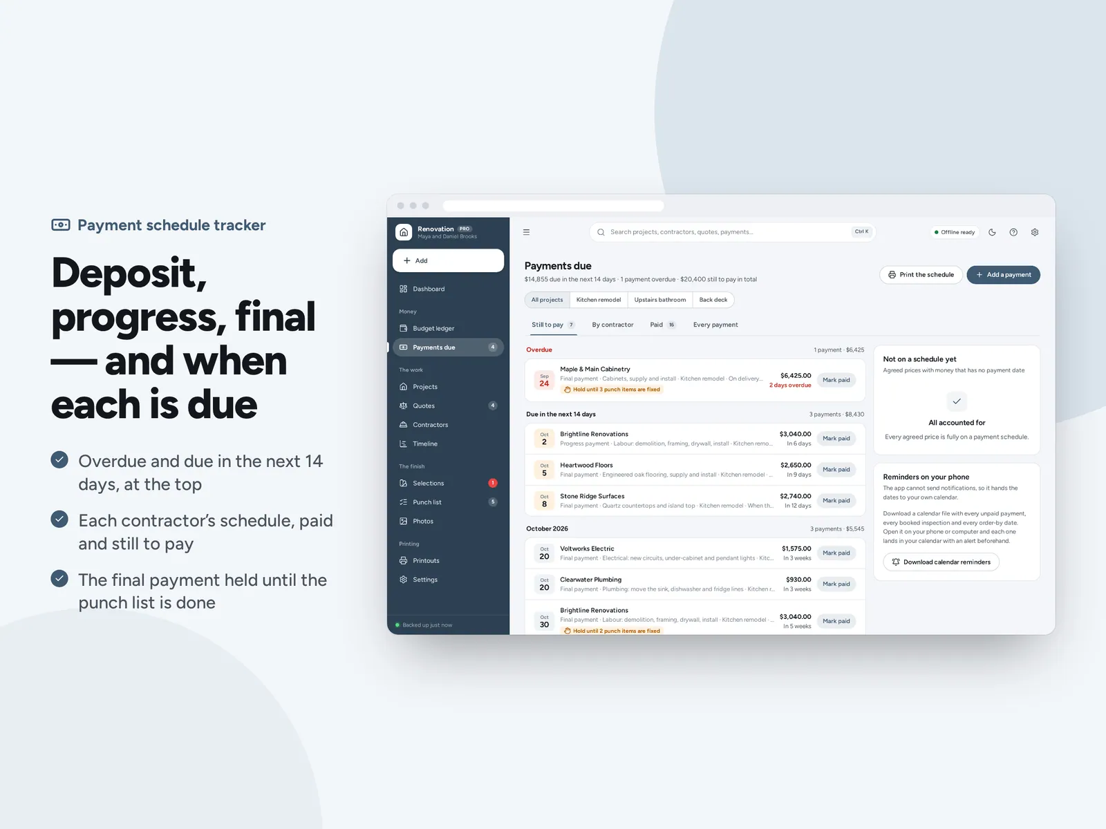 Deposit, progress, final — and when each is due