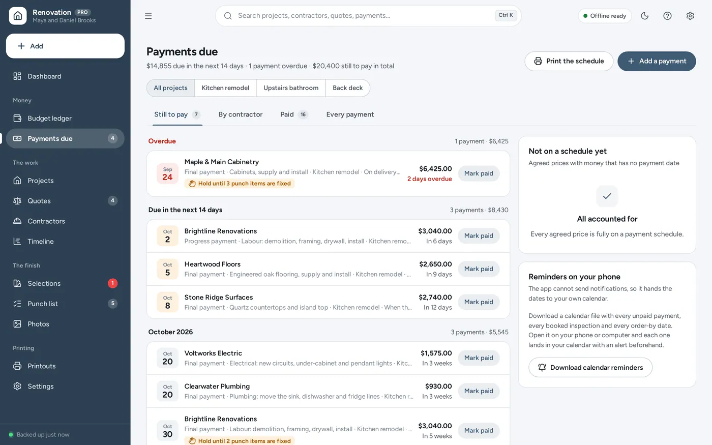 Payment schedule tracker screen in Home Renovation Planner