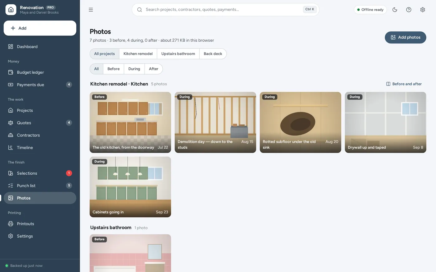 Punch list and photos screen in Home Renovation Planner