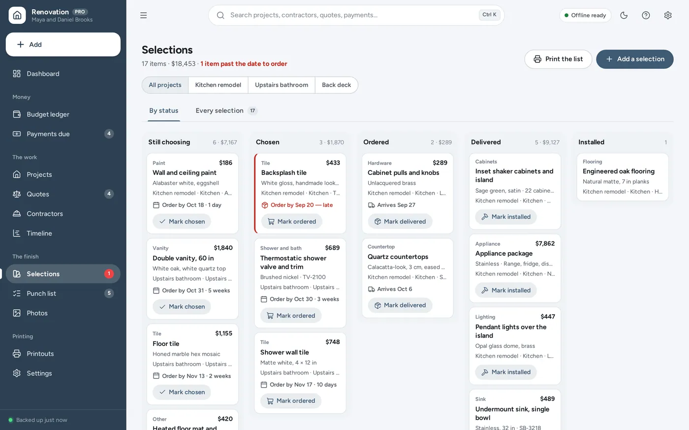 Selections tracker screen in Home Renovation Planner