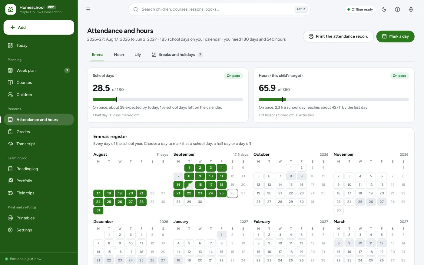 Attendance and hours tracker screen in Homeschool Planner