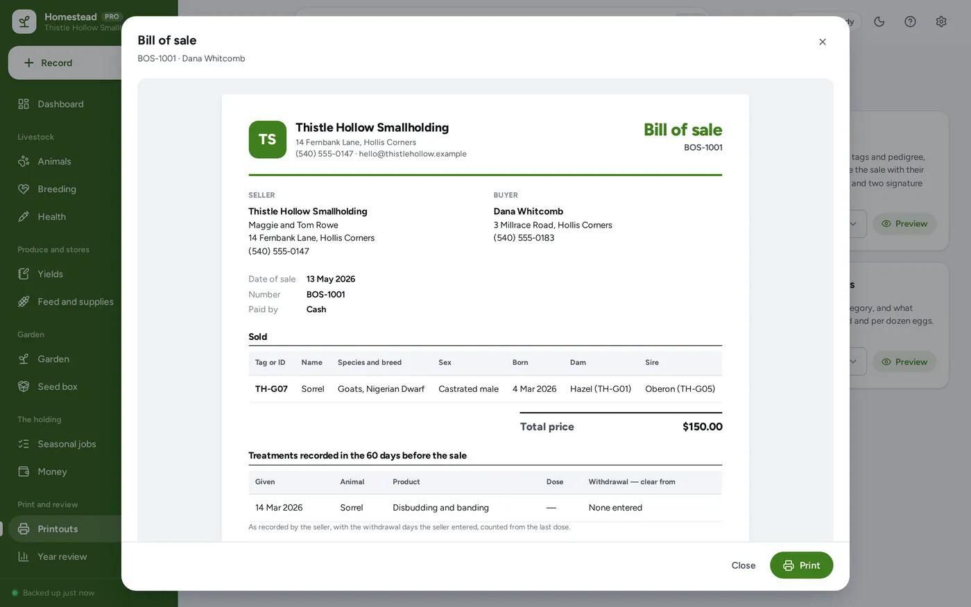 Printouts screen in Homestead & Garden Manager
