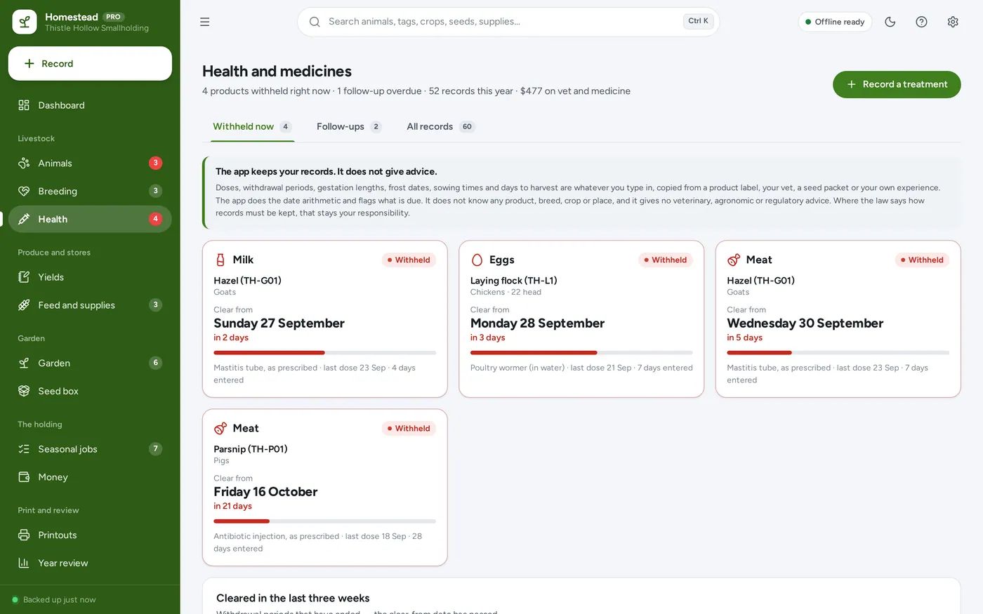 Health and withdrawals screen in Homestead & Garden Manager