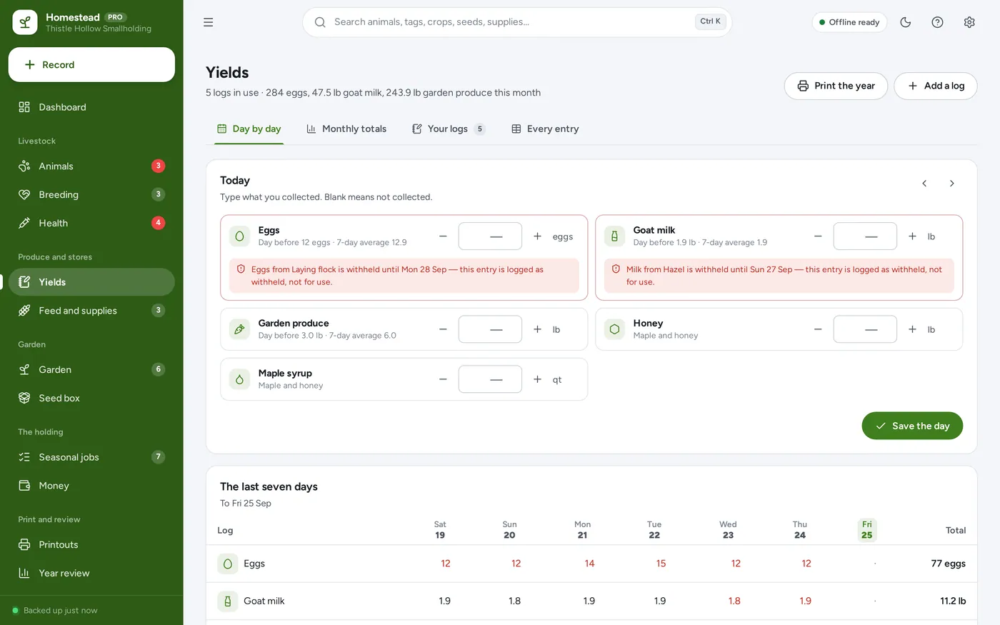 Yield logs you define screen in Homestead & Garden Manager
