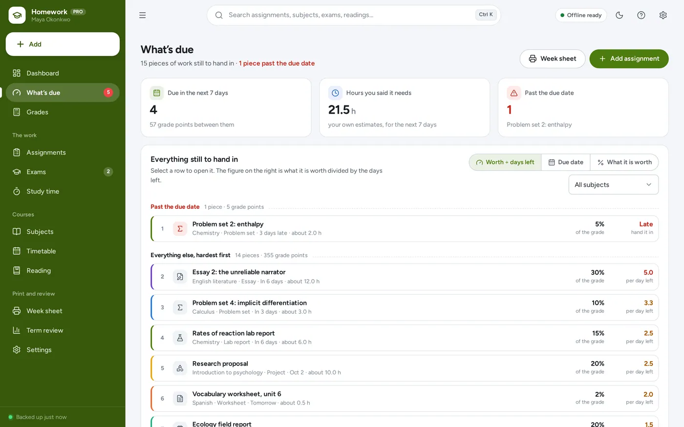 What’s due screen in Homework & Assignment Tracker