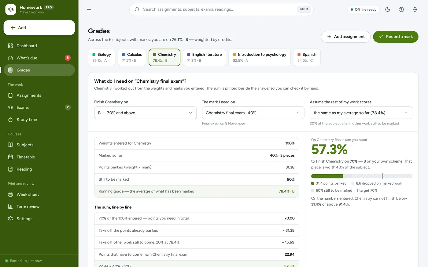 Grades screen in Homework & Assignment Tracker