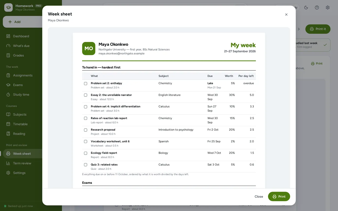 Week sheet screen in Homework & Assignment Tracker