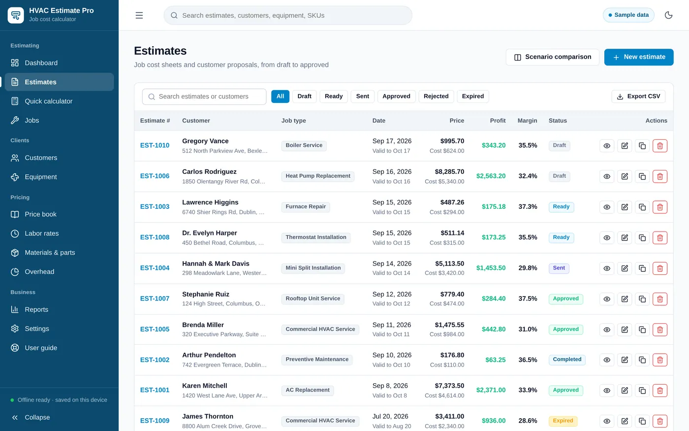 Estimates screen in HVAC Estimate Calculator