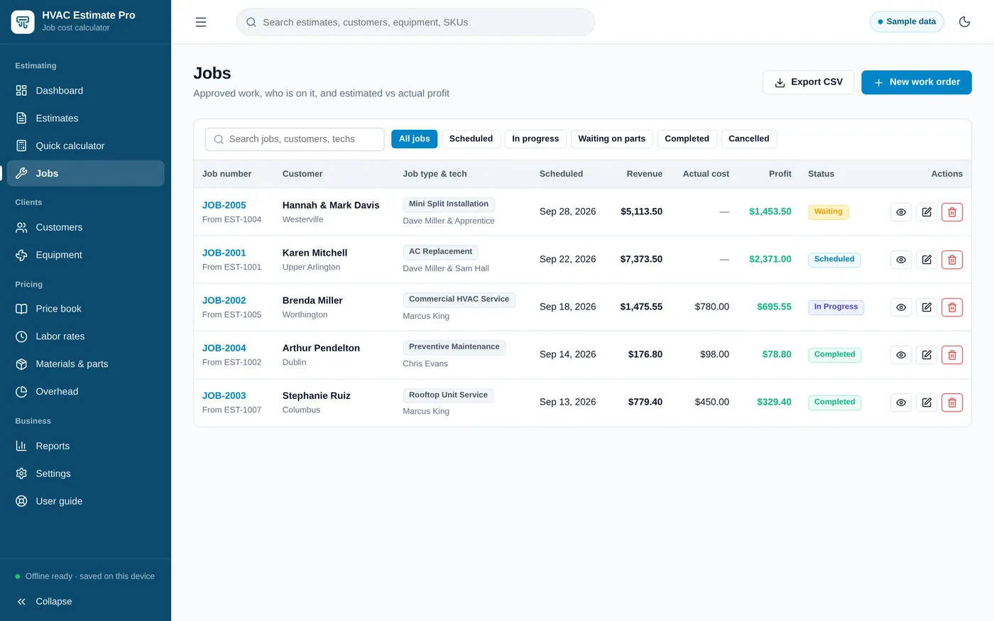 Jobs screen in HVAC Estimate Calculator