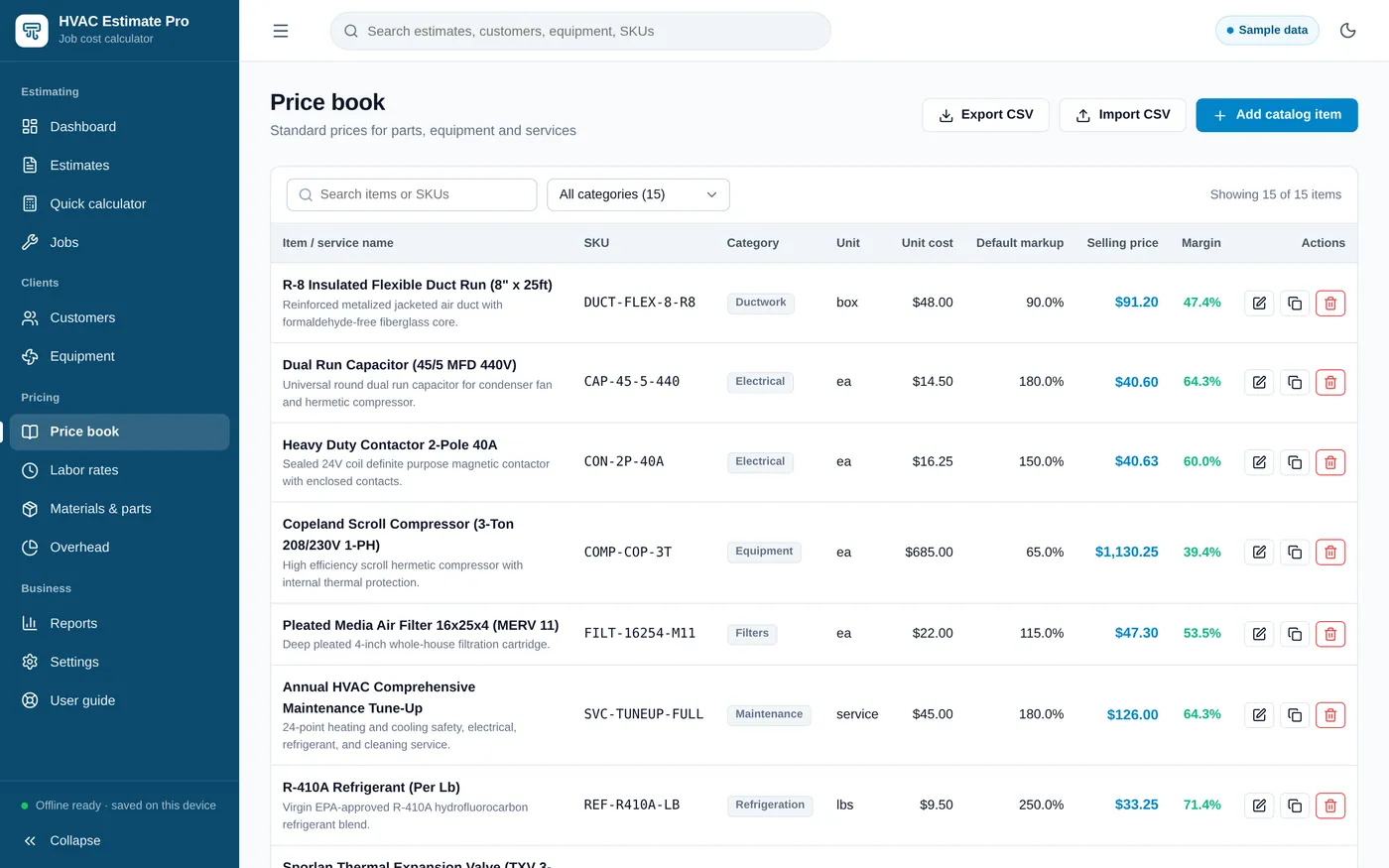 Price book screen in HVAC Estimate Calculator