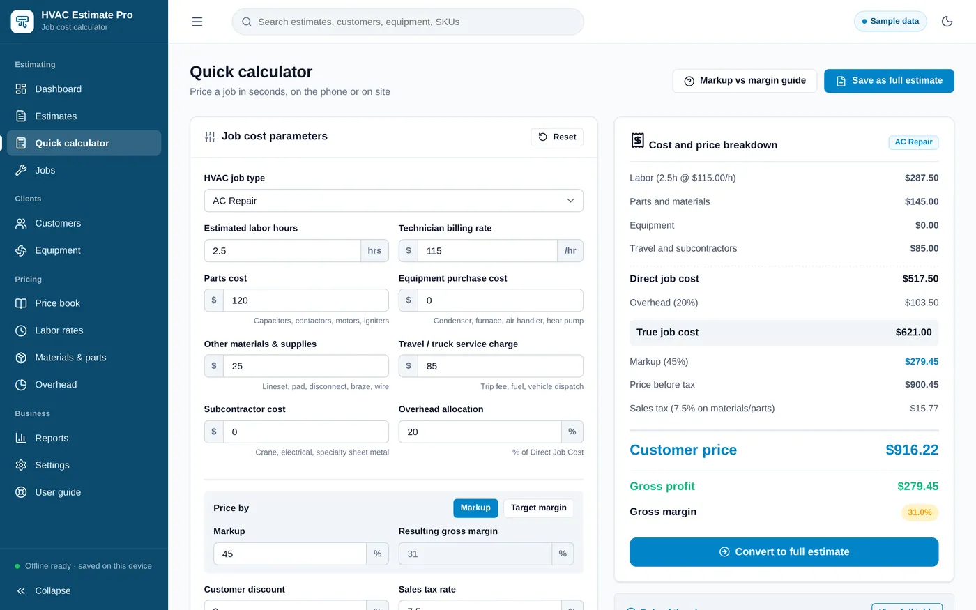 Quick calculator screen in HVAC Estimate Calculator