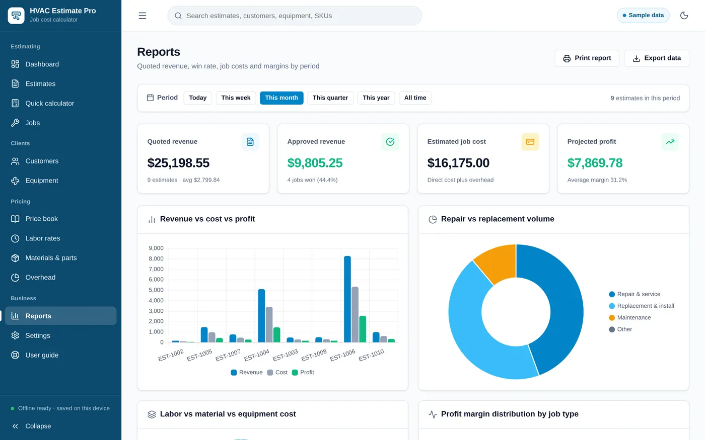 Reports screen in HVAC Estimate Calculator