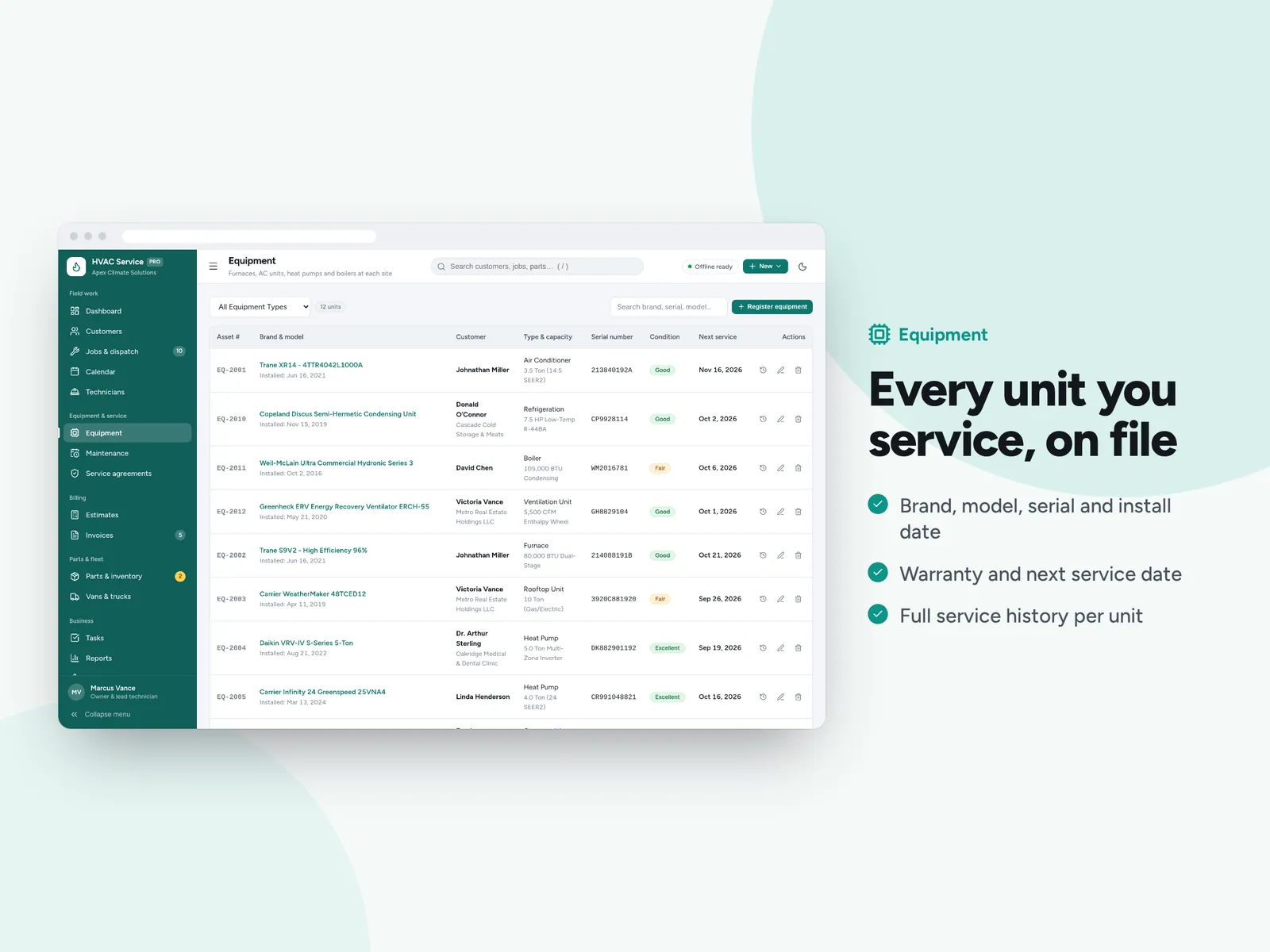 Every unit you service, on file