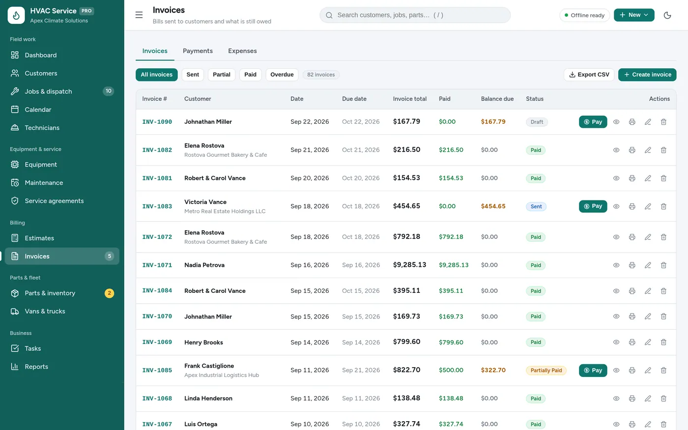 Invoices screen in HVAC Service Manager