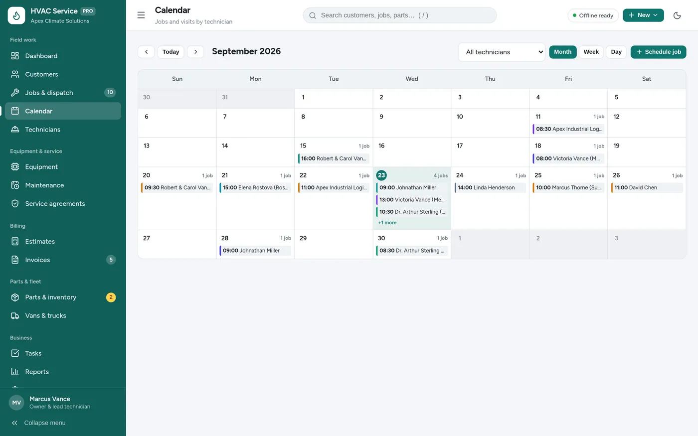 Calendar screen in HVAC Service Manager