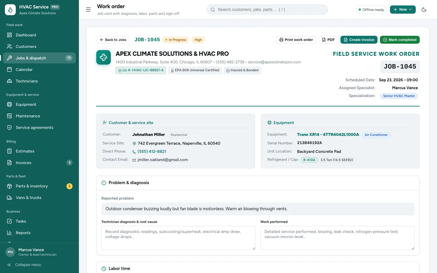 Work orders screen in HVAC Service Manager