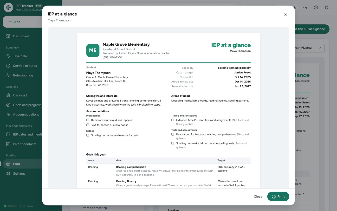 IEP at a glance screen in IEP & Special Education Tracker