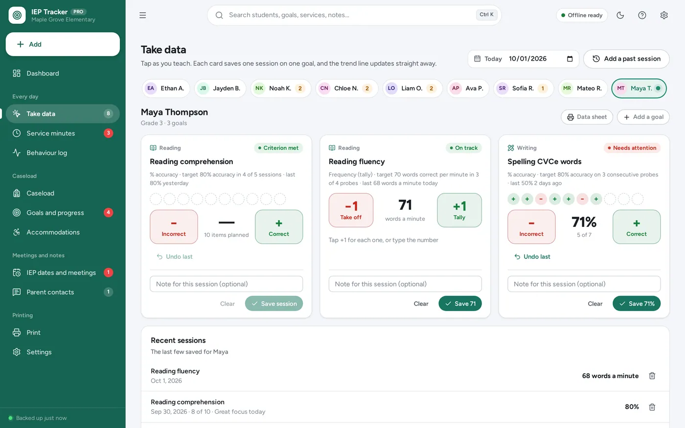 IEP goal tracker screen in IEP & Special Education Tracker