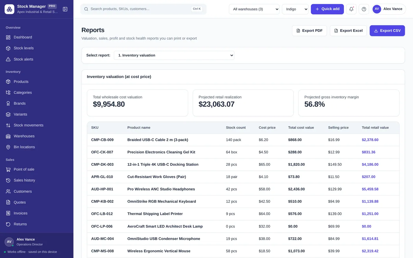 Reports screen in Inventory & Stock Manager
