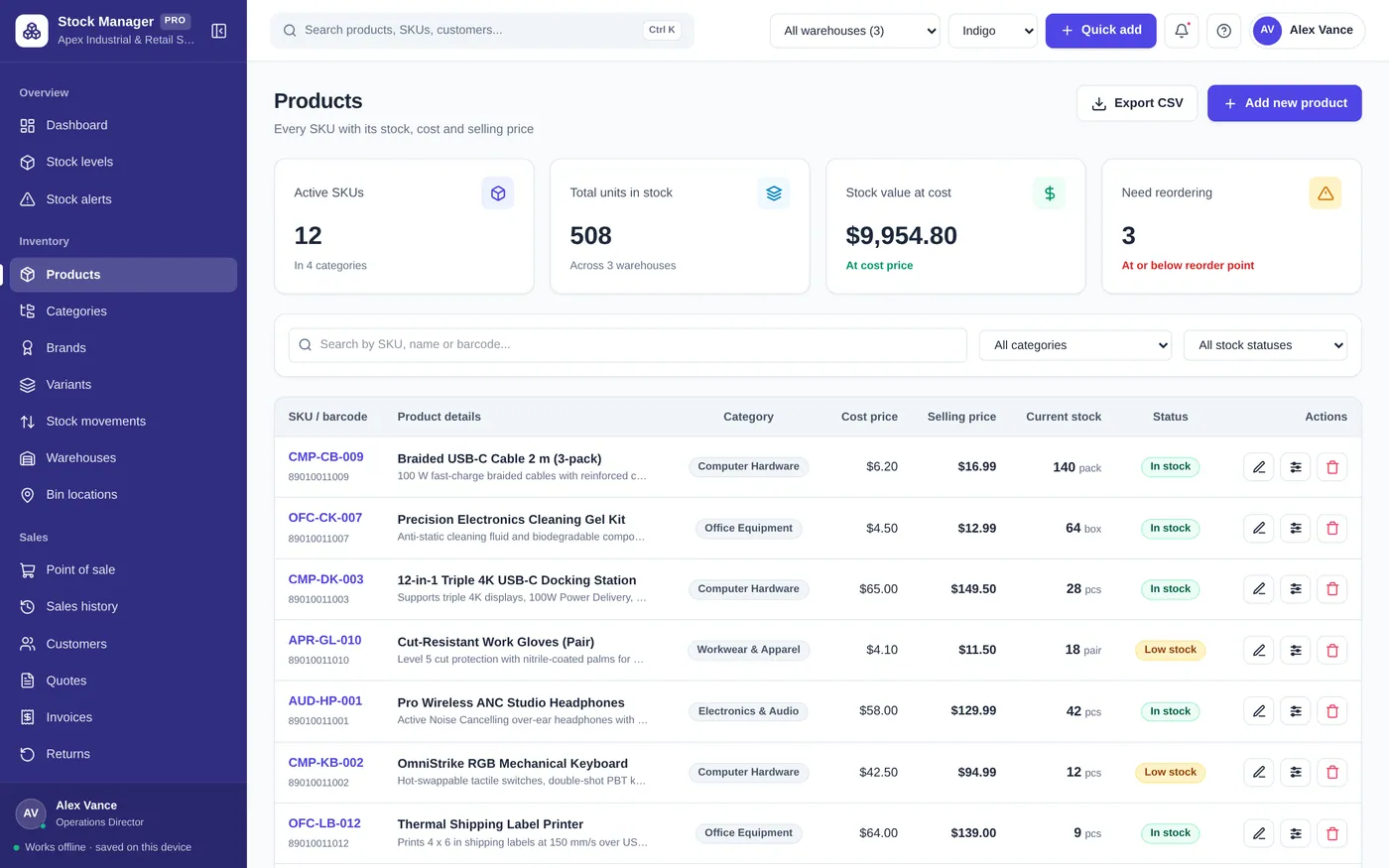 Product catalog screen in Inventory & Stock Manager
