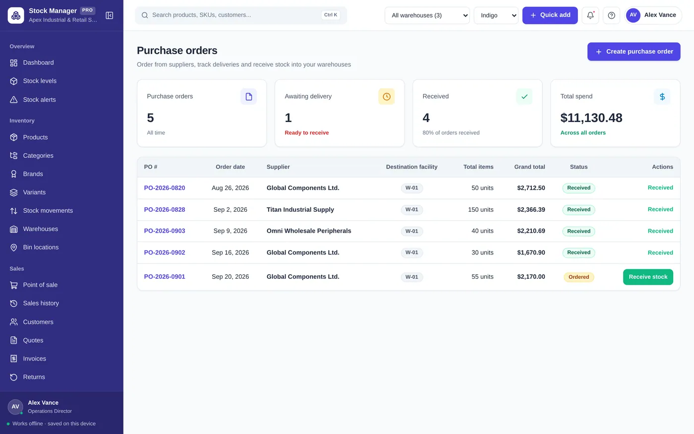 Purchase orders screen in Inventory & Stock Manager