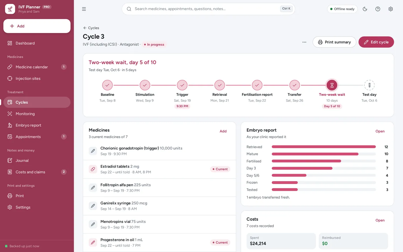 IVF cycle tracker screen in IVF & Fertility Planner