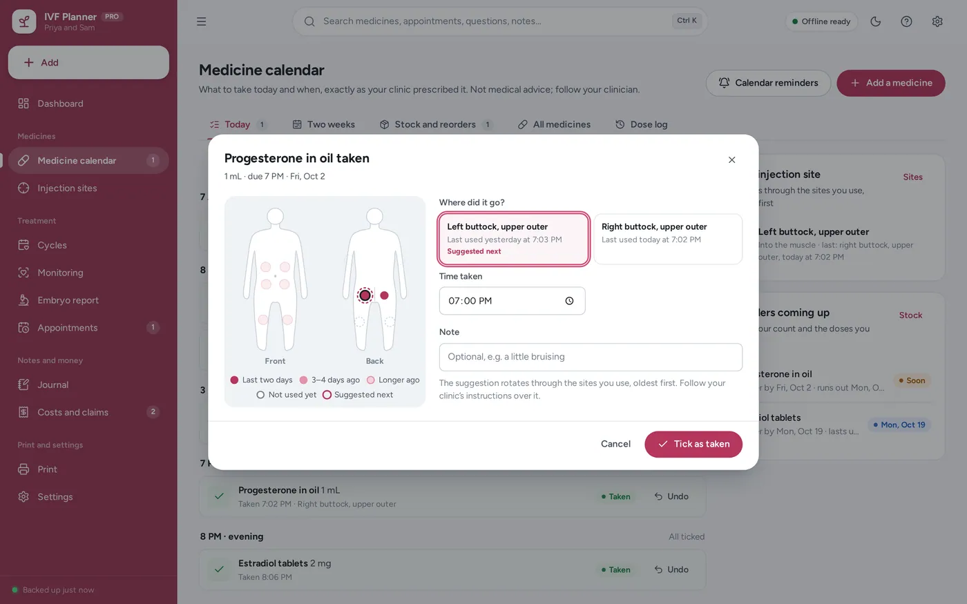 Injection tracker screen in IVF & Fertility Planner