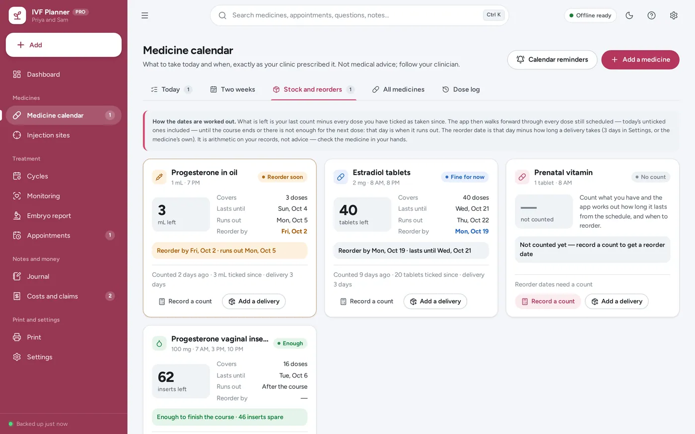 IVF medication tracker screen in IVF & Fertility Planner