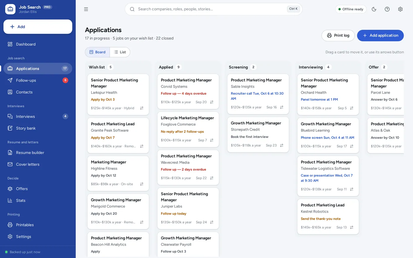 Job application tracker screen in Job Search Planner