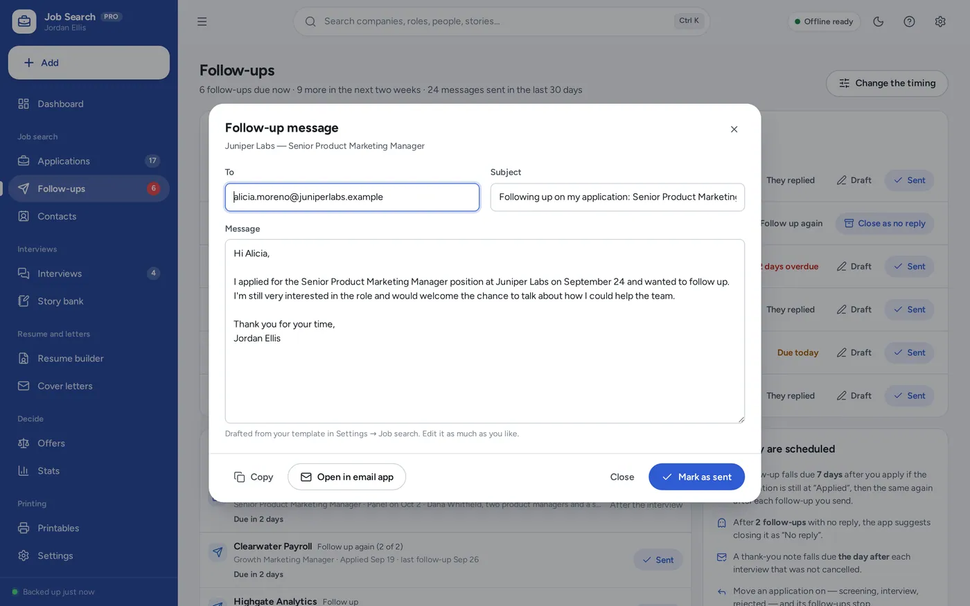Follow-up reminders screen in Job Search Planner